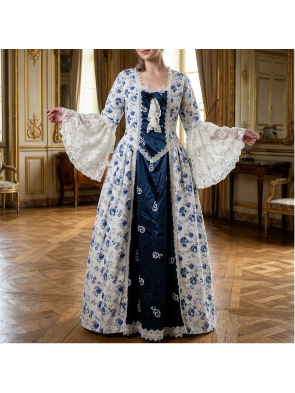 Blue Toile Rococo Marie Antoinette Gown XL - Renaissance Lace Floral Dress
